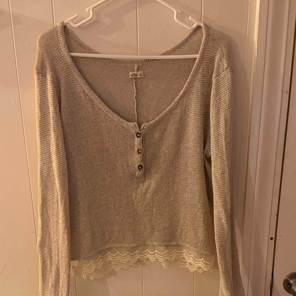 Hollister Light Gray Lace-Hem Henley Long Sleeve Top